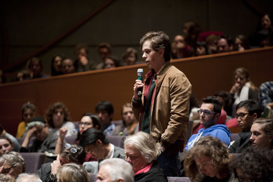 A Bard College student asks a question during the question and answer portion of the postelection dialogue between Leon Botstein and Mark Danner
