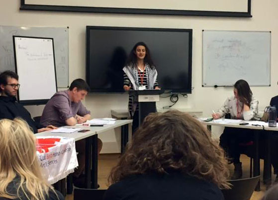 Students from the six Bard Network campuses compete in the final debate of the conference on the topic&nbsp;&quot;Resolved: the production of fake news should be criminalized.&quot;