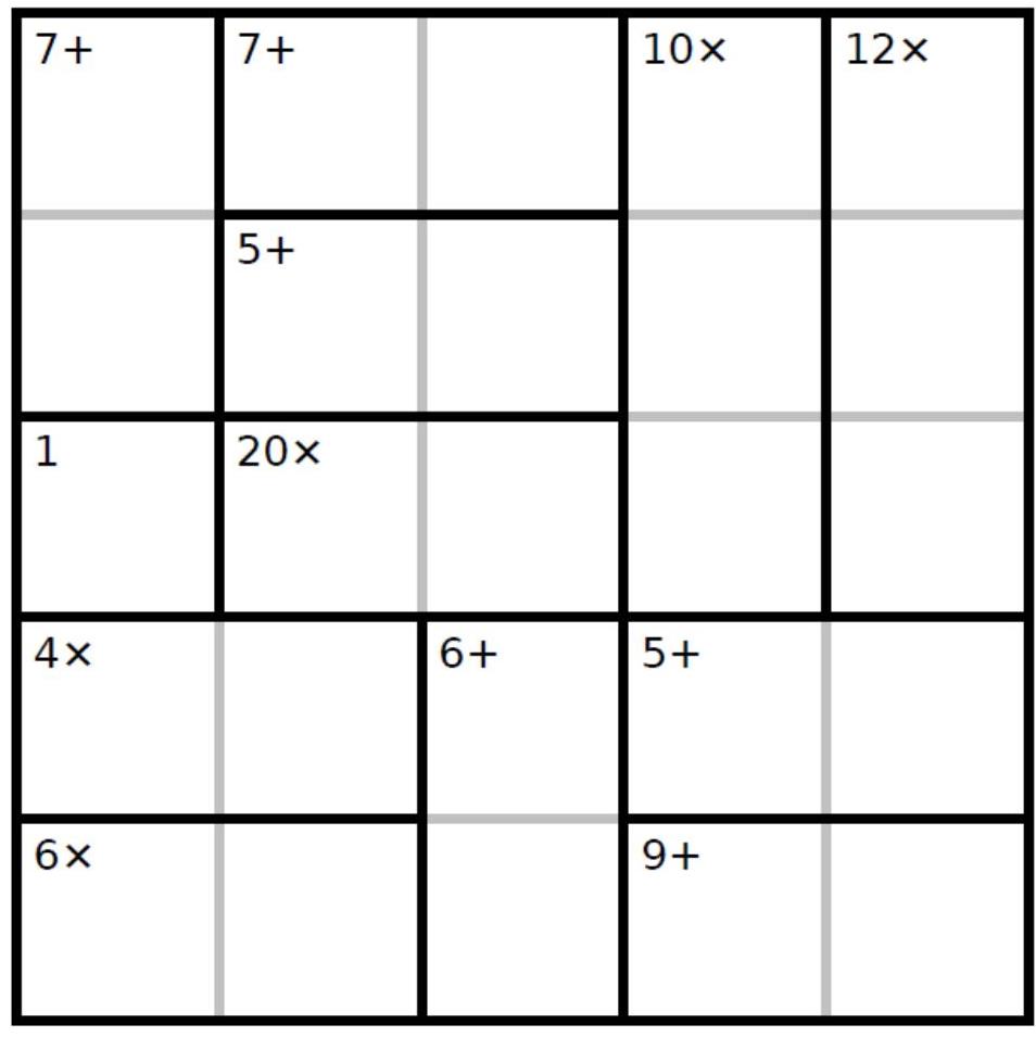 Juego D: Completa esta grilla de 5x5 de KenKen con los números 1, 2, 3, 4 y 5. Cada número aparece una sola vez en cada fila y en cada columna. Los números en cada región, al combinarlos con la operación dada, dan por resultado el número que se muestra en pequeñito.