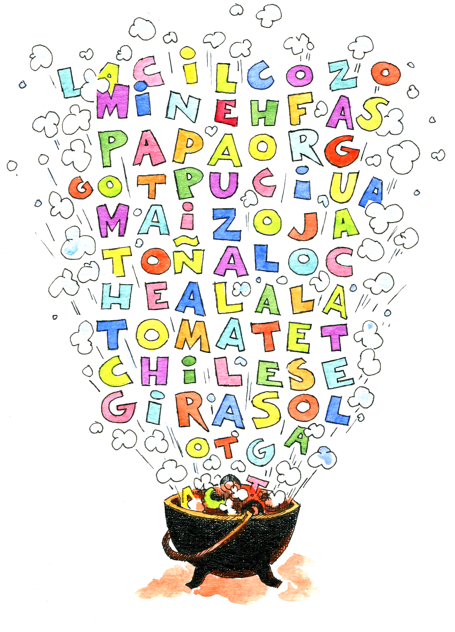 Encuentra en esta sopa de letras y palomitas 10 alimentos originarios del continente americano. (En inglés: avocado, beans, chile, chocolate, corn, pineapple, potato, pumpkin, sunflower, tomato). Ilustración de María Cristina Brusca