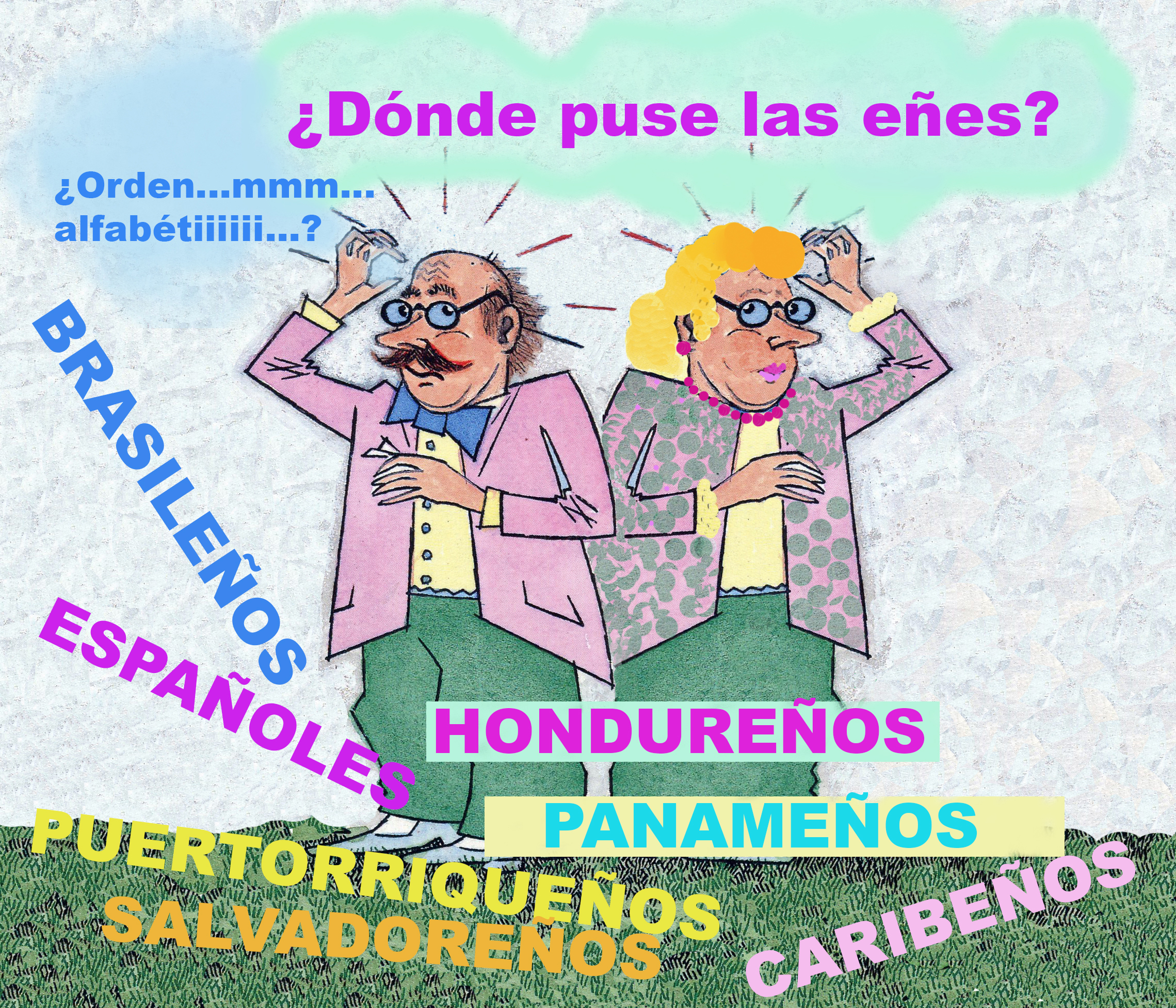 <strong>¡El lío de gentilicios del profesor DiZi! </strong>¿Puedes colocar los 7 gentilicios en orden alfabético?<br />Ilustración de María Cristina Brusca