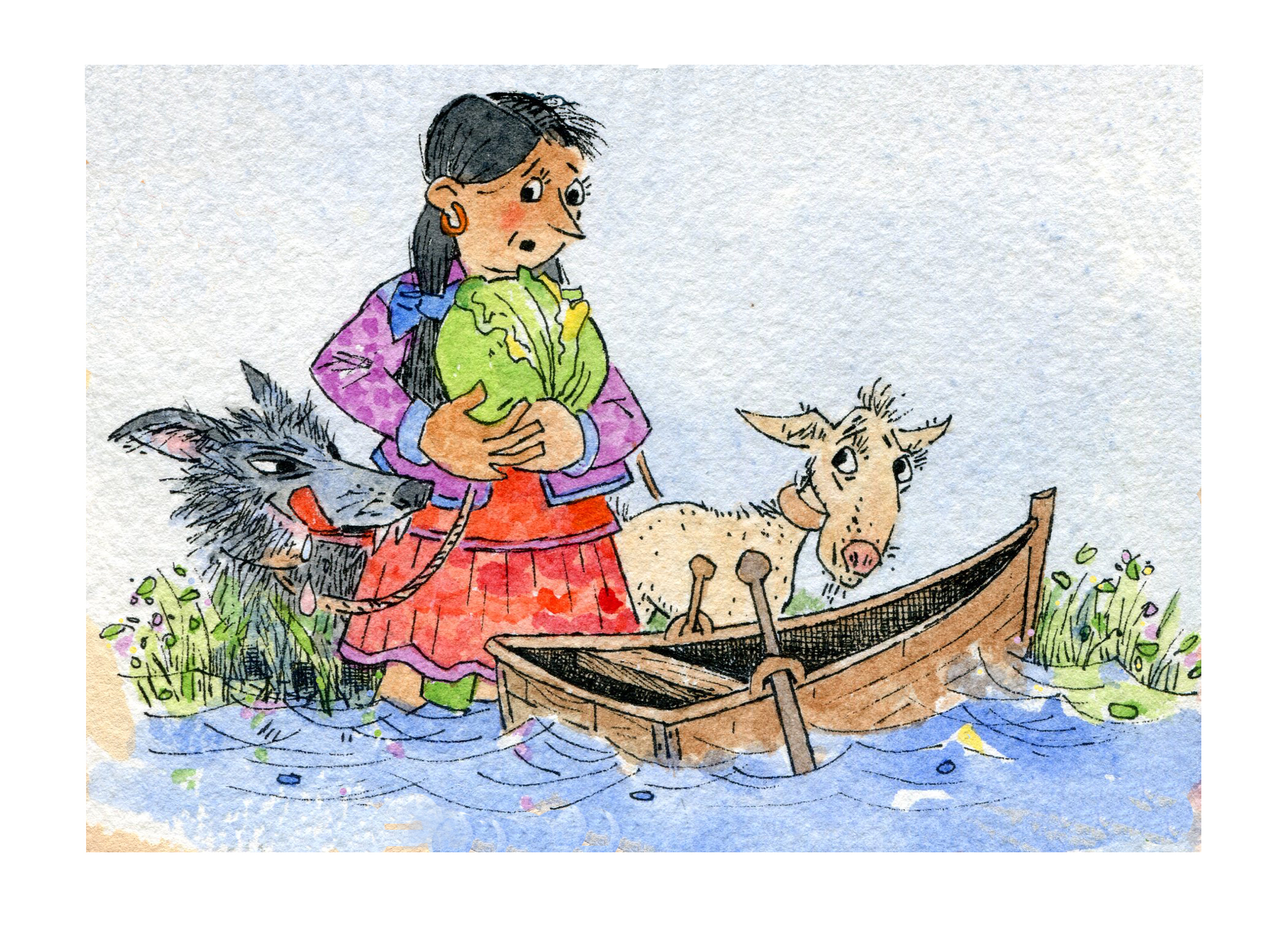¿Cómo podría llegar al otro lado con el lobo, la cabra y el repollo intactos? Ilustración de María Cristina Brusca