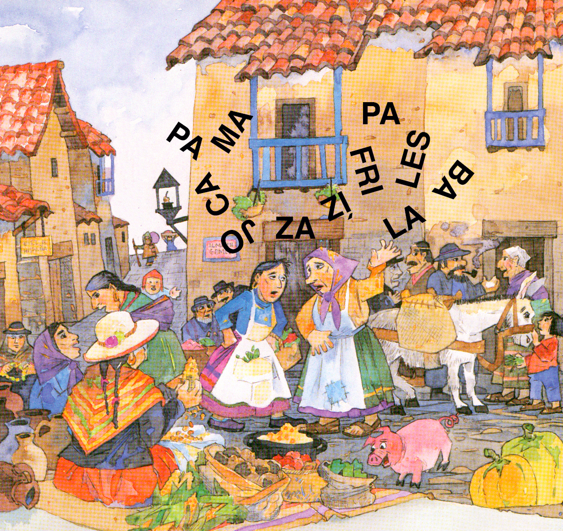 <em>En esta feria del norte de Argentina, Carmen y Florinda no pueden recordar qué comprar. ¡Las sílabas de sus palabras se separaron! ¿puedes ayudarlas a juntar las 4 palabras?</em><br />