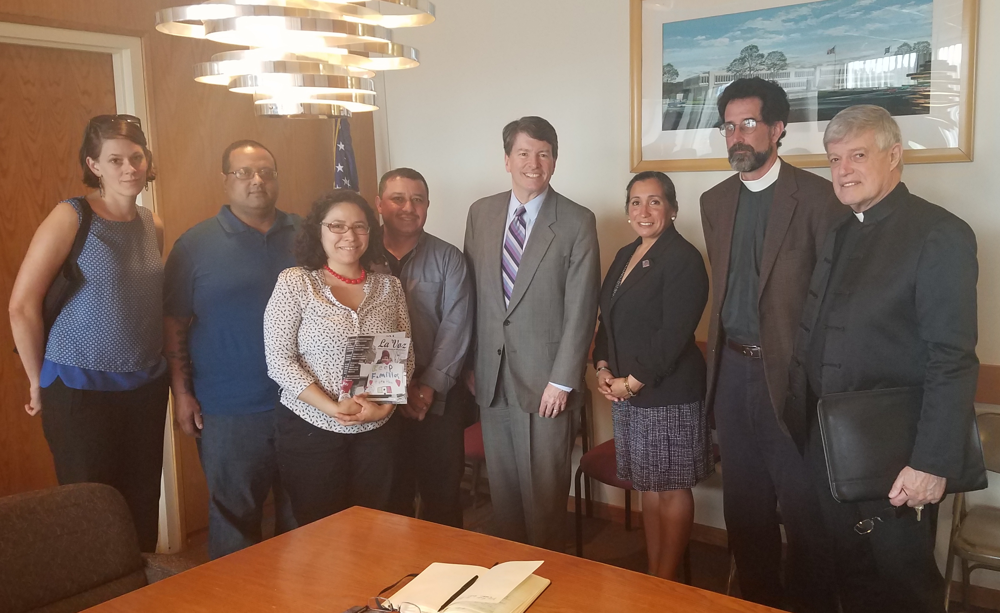 From left to right: Emma Kreyche, Porfidio Vega, Mariel Fiori, Marco Ochoa, congresista John Faso, Sandra Oxford, Rev. Richard Witt and Fr. Frank Alagna